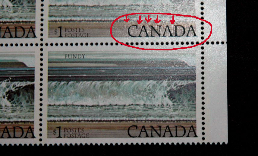 Canada $1.00 Fundy corner block of 4, Mint Never Hinged showing an albino doubling of the CANADA imprint