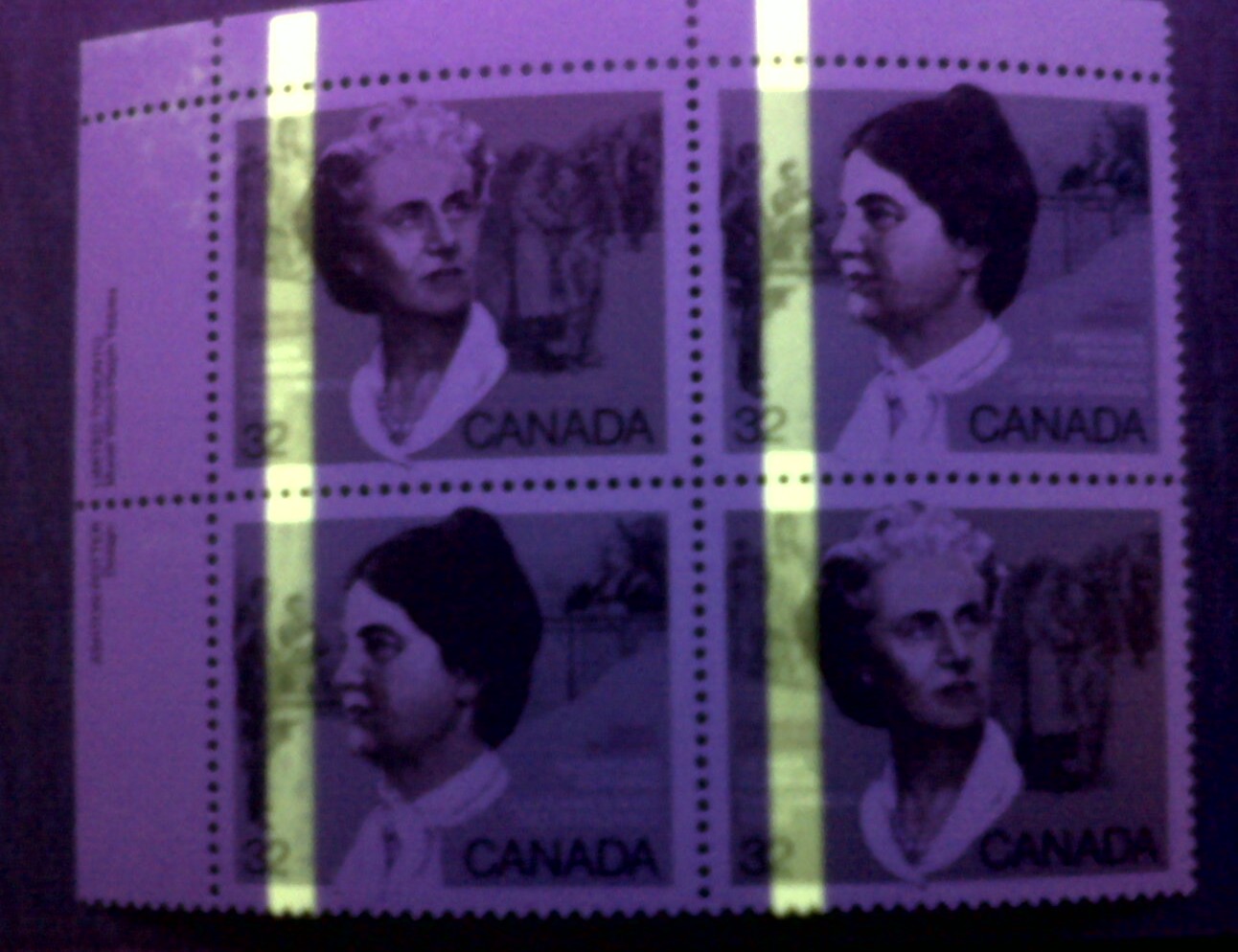 Canada 32 cent Canadian Feminists Plate block of 4, Mint Never Hinged showing major TAG SHIFT - Rose G1a