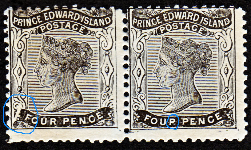 Prince Edward Island pair of Mint Queen Victoria 4d black on yellowish paper, mint with listed and unlisted plate flaws.