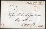 Stampless cover – 1856 cover - PORT SARNIA - JU 1 1856 UC with nice RED PAID 3D in circle